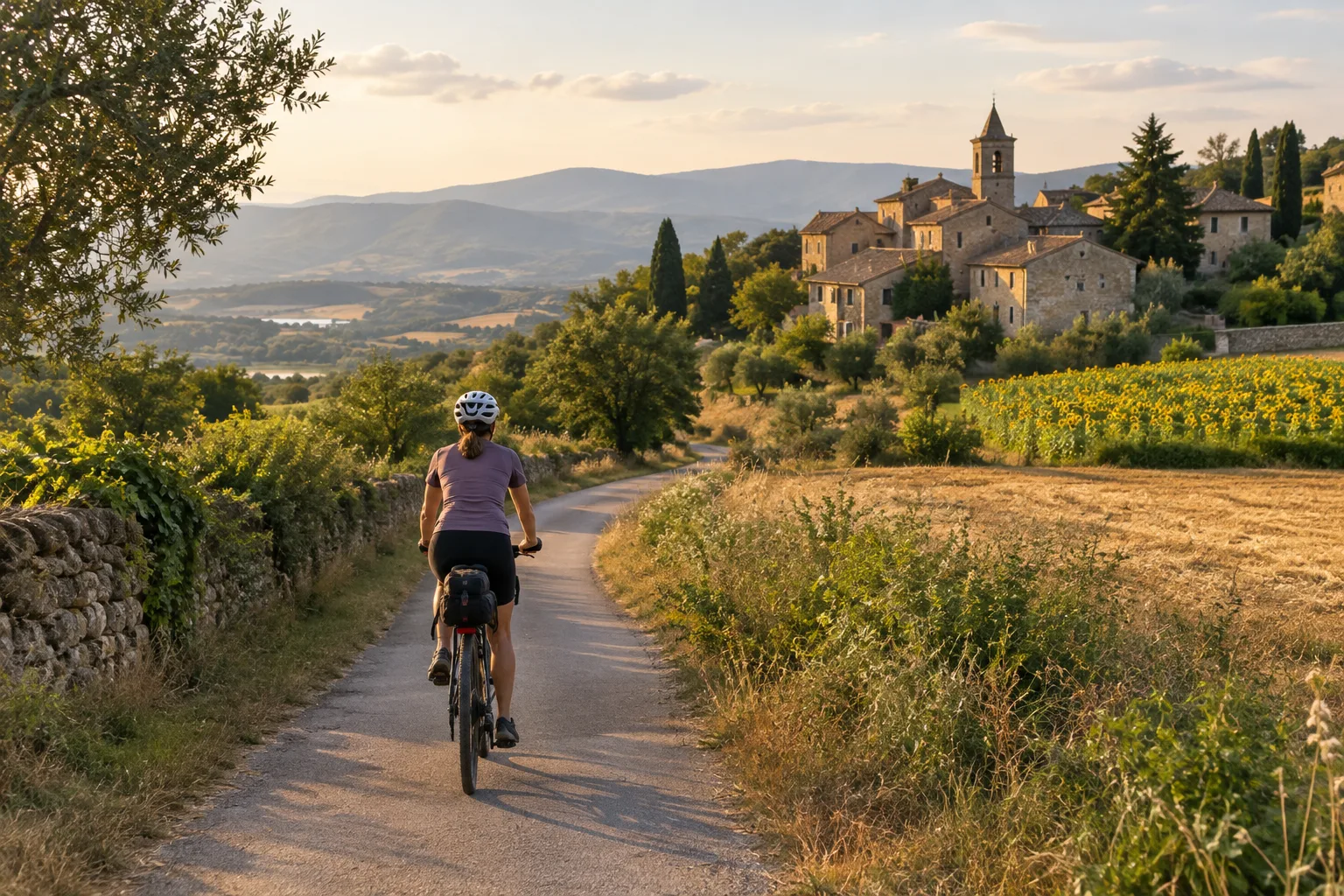 Un vélo posé au bord d’un chemin de campagne qui mène vers un village.