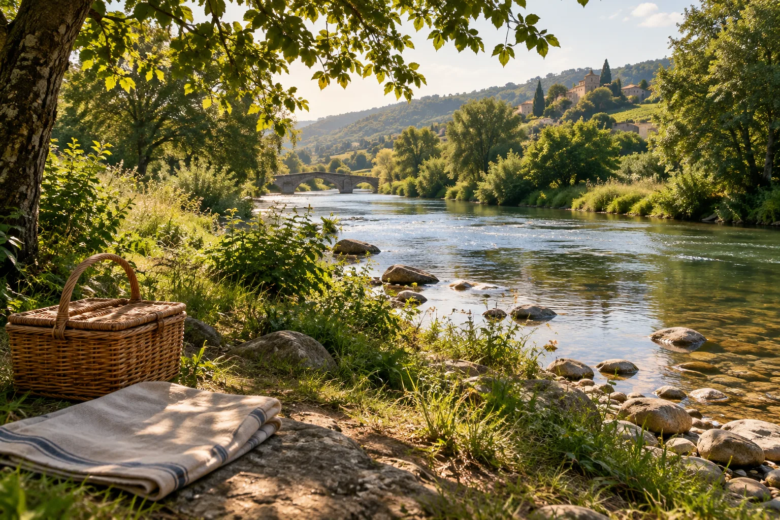 Un panier de pique-nique posé près d’une rivière bordée de végétation, dans la lumière douce de l’après-midi.