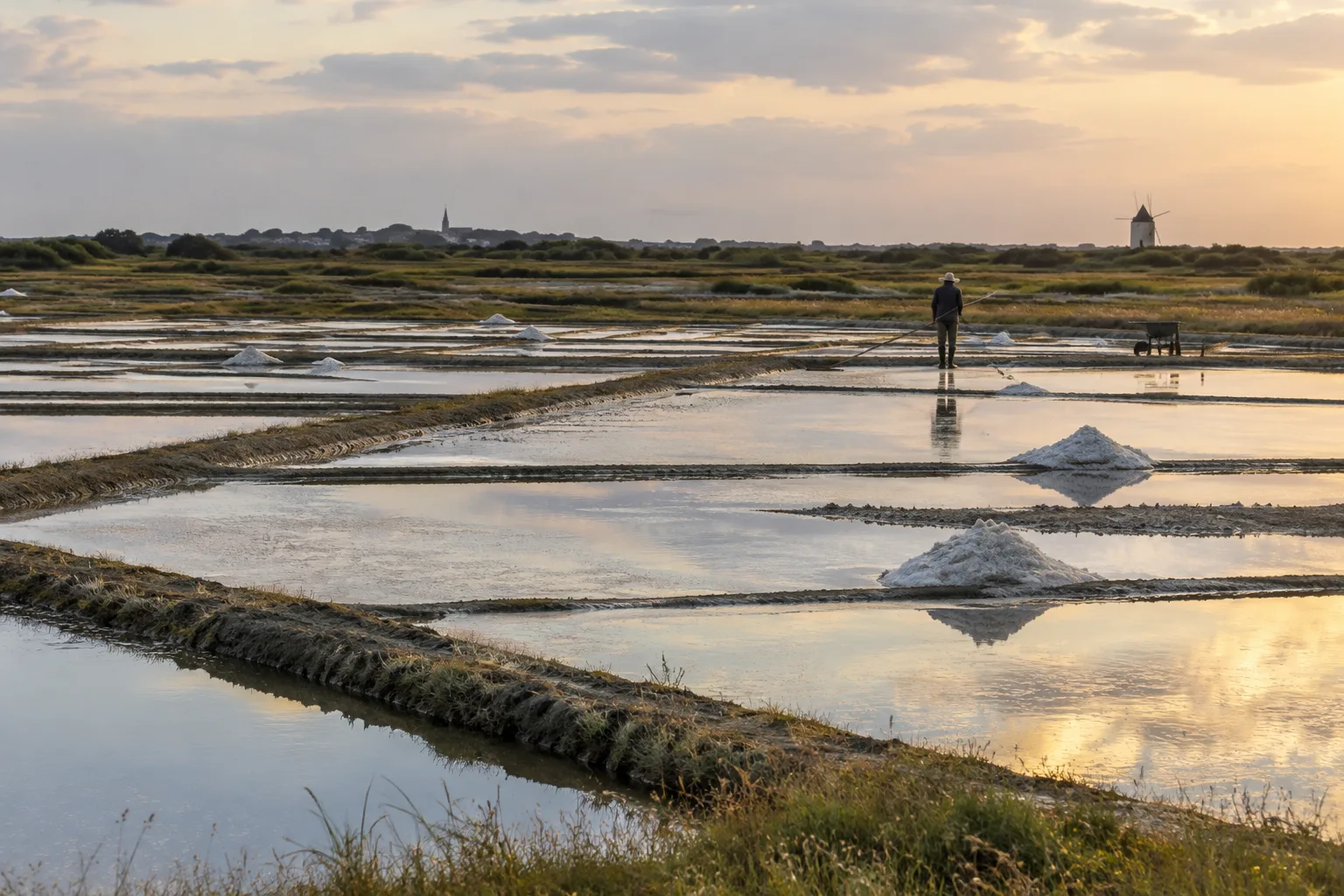 Bassins des marais salants de Guérande reflétant la lumière de fin de journée.