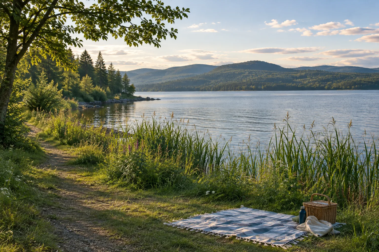 Un chemin longe un lac calme, bordé de roseaux et de collines boisées.